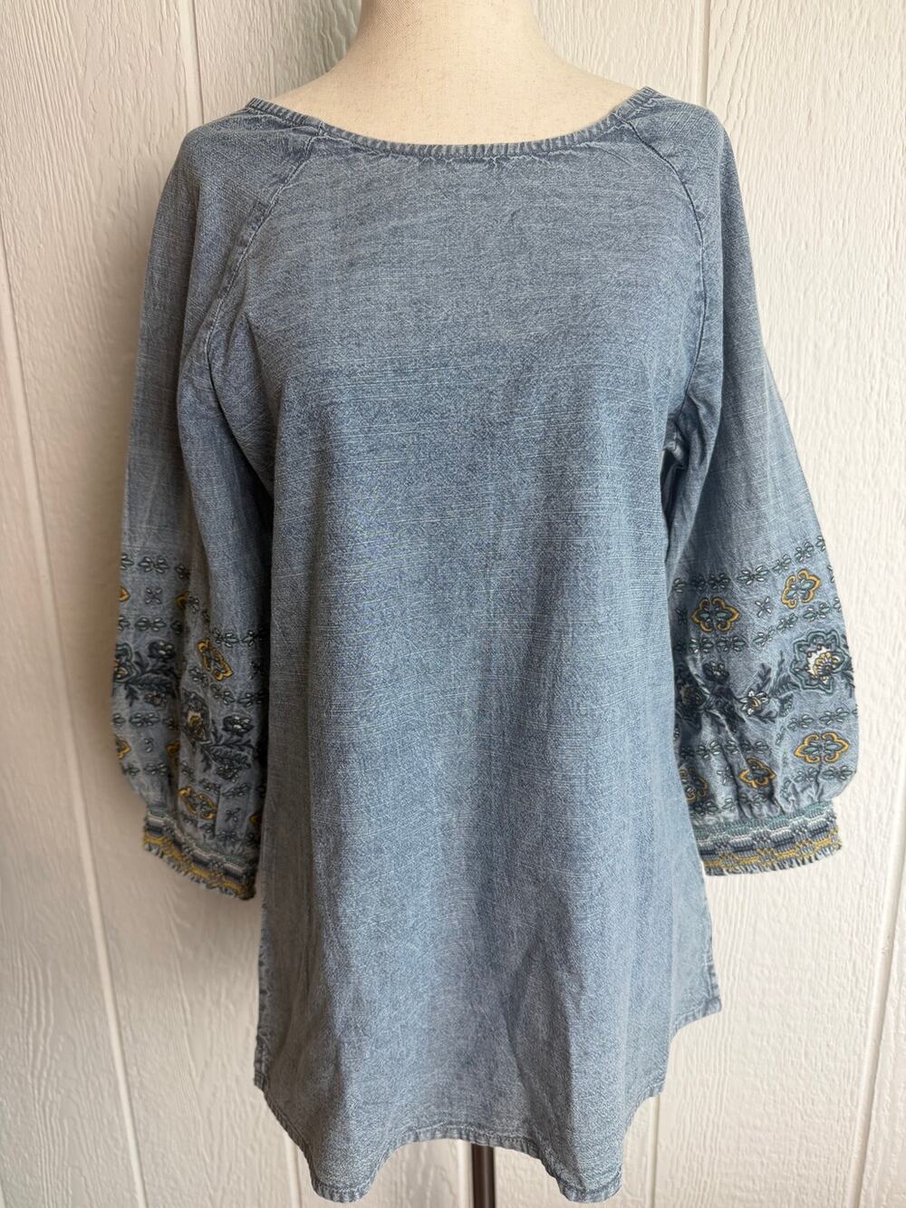 Boho Embroidered Chambray Peasant Top Balloon Sleeve Cottagecore Small India